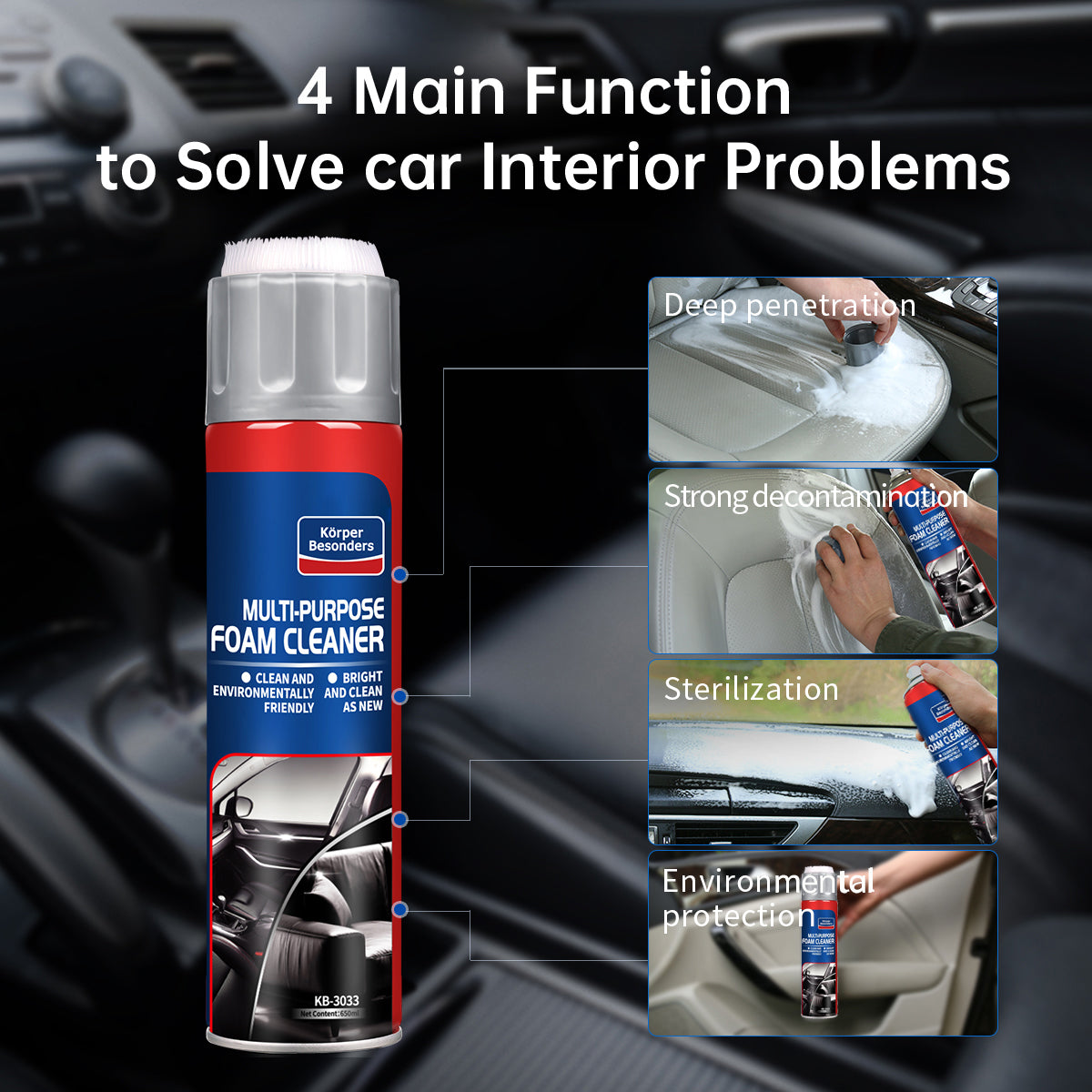 Car Interior Foam Cleaner with Built-In Brush – 21.98 fl oz (650 mL)